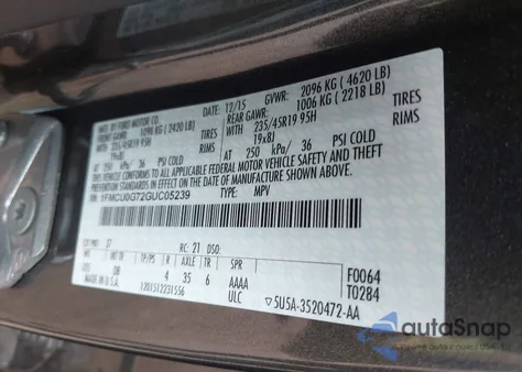 2016 Ford Escape Se z USA, uszkodzony, nr VIN 1FMCU0G72GUC05239